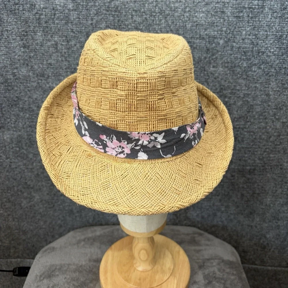 Lucy Love Straw Fedora Hat Womens OS Tan Floral Band Woven Sun Beach Summer Boho